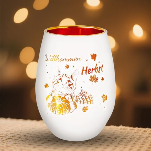 Windlicht Willkommen Herbst mit Katze & Kürbis – Herbstdeko Geschenk – Teelichthalter für Katzenfreunde