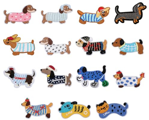Aufnäher zum Aufbügeln, 15 Stück, verschiedene Dackelmuster, bestickt, kleine Bügelbilder, niedliche Hunde-Applikation, Aufkleber, Welpe, zum Aufnähen auf Jeans, Kleidung, Hut, Rucksack, Leinwand