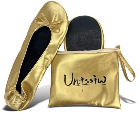 Untssiw Women's Foldable Portable Ballet Flat Roll Up Slipper Shoes with Travel Pouch - Fold Up Ballet Flats for Women (Gold XL)