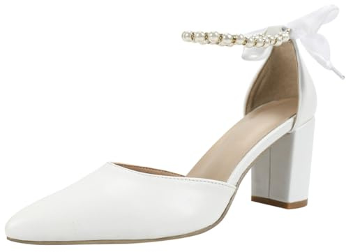 Tacones De Boda Mujer Zapatos De Novia Tacón Ancho Tira En Tobillo Punta Fina Zapatos Elegantes para Novia para Recepción Sandalias Formales para Noche,Blanca,39 EU