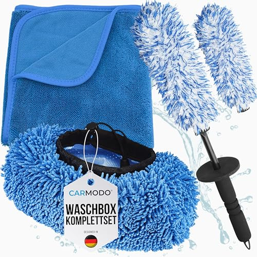 CARMODO Set di scatole per il lavaggio – Premium – 70 x 50 cm panno assorbente – Spazzola per cerchioni in microfibra extra sottile + 2 rivestimenti – per un lavaggio delicato senza graffi – Set di