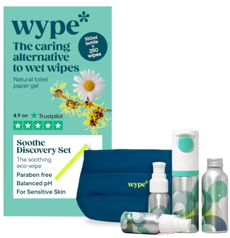 Wype Soothe Discovery Set - Toilet Roll Gel | Extra Soothing Formula - 1 Applicator, 100ml Refill, 2 30 Mini's, Travel Pouch