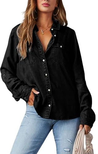NONDK Damskjortor med Knappar och Tryck, Casual, Långärmad, V-Ringad, Chambray-Blus Svart S