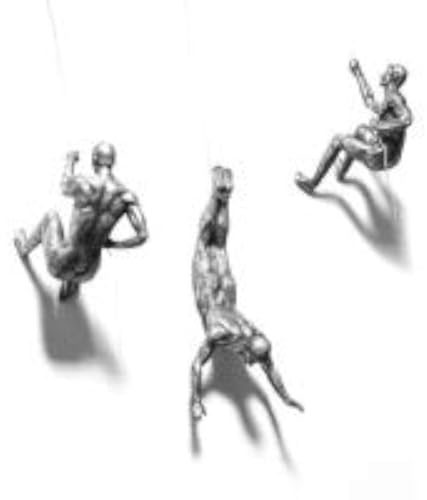 3X Trio Rappelling Large Antique Silver Climbing Hanging Ornaments Figures Set of 3 Climbing Men Sculpture Art Resin and Metal Bungee Jumping