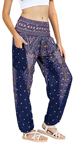 Lofbaz Damen Haremshose Yogahose Pumphose Hippie Hose Boho Kleidung Festival Outfit Sommerhose Leicht Sommer Hosen - Peacock 1 Dunkelblau XL