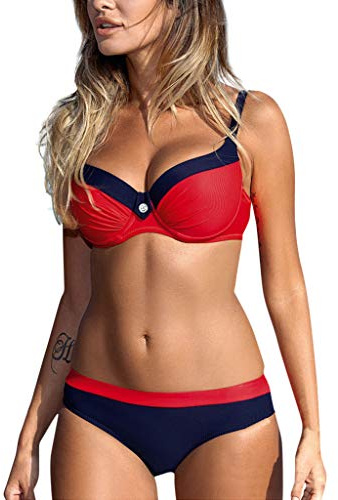 DAY8 Maillot de Bain Femme 2 Pièces avec Armature Grande Taille Bikini Sexy Bresilien Push Up Tanga Culotte Short Trikini Tankini Maillot de Bain Natation Femme Deux Pièces (Rouge, XX-Large)
