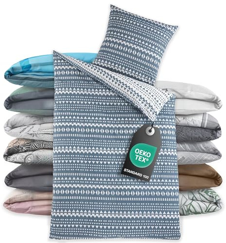 BaSaTex Bettwäsche 135x200 Baumwolle Set 2 teilig - 100% Baumwolle - 1x Deckenbezug 135 x 200 cm + 1x Kissenbezug 80x80 cm - Reißverschluss - Ethno Wende