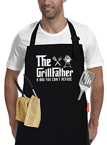 APRONPANDA The Grill Father - BBQ Cooking Apron for Men, Funny Kitchen Apron with Pockets, Christmas Gifts for Men, Husband, Dad, Grandad Birthday Gifts