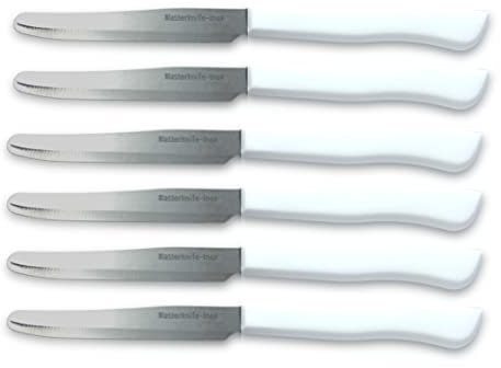 Crux 6 Italian Dining Knives (White Rounded Tip, Stainless Steel, 9 inches, Wood Handle, Set)