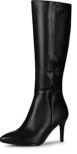 Allegra K De las mujeres Punta puntiaguda Cremallera lateral Tacón de Aguja Botas hasta la rodilla Negro 37