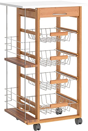 HOMCOM Carrello da Cucina Salvaspazio in Legno Marrone, Portavivande con 1 Piano di Lavoro 1 Cassetto e 4 Cestelli Metallici, 47x37x83cm
