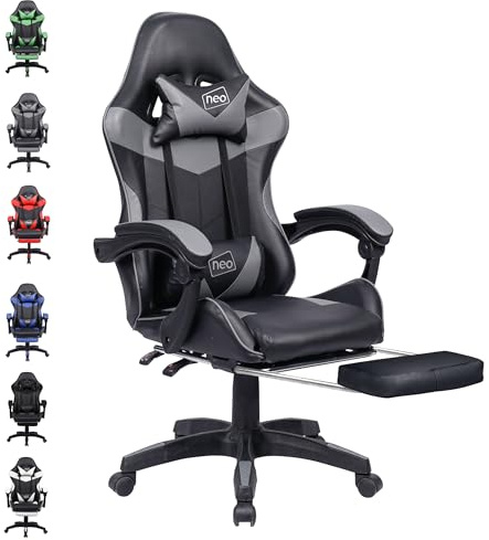 Neo Executive PU Leather Massage Sport Racing Gaming Home Office Computer Chair Lumbar Back Support Footrest (Grey)