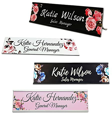 Plaque nominative personnalisée en aluminium pour bureau, 5,1 x 20,3 cm, avec jolis motifs roses (5 styles)