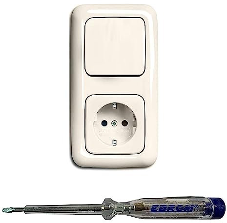 Busch Jäger Lichtschalter Wechselschalter AN/AUS 2000/6 US und Steckdose 20EUC-212 im 2-fach Rahmen in DURO2000 cremeweiß glänzend inklusive EBROM Phasenprüfer zur Montage der Geräte