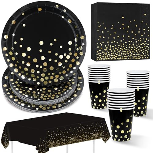 Vaisselle de fête Jetables, Lot de 97 Assiettes en papier, Serviettes, Gobelets en papier, Nappe Noir avec feuille d’or Ensemble Vaisselle