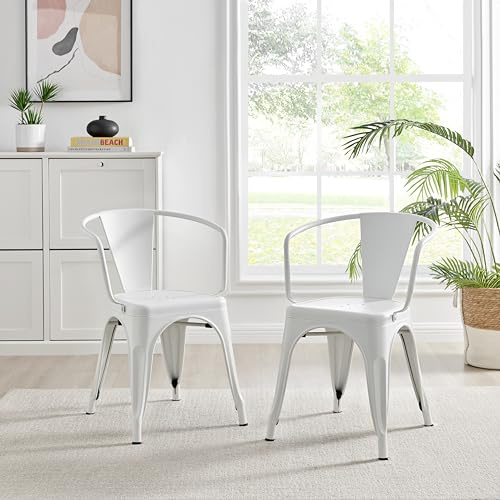 Furniturebox UK Colton 2x White Metal Dining Chairs with Arms for Kitchen Or Dining Room Tolix Inspired Steel Powder Coated Stackable Lightweight Retro Bistro Industrial Dining Furniture Set of 2
