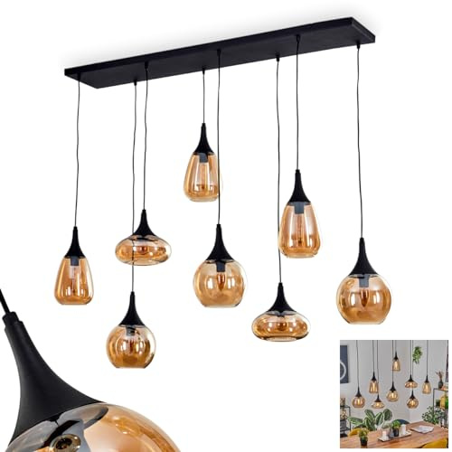 Maynal pendellampa, pendellampa av metall/glas i svart/amberfärg, armatur i modern retro/vintage-design med glasskärm, max. höjd 150 cm, 8 lampor, 8 x E14, utan glödlampor