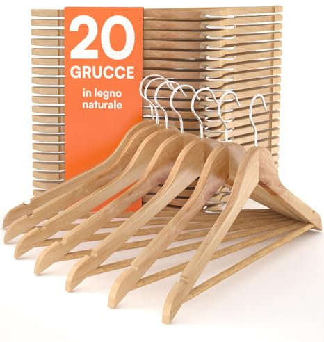20 Grucce Appendiabiti in Legno Naturale per Vestiti Abiti Giacche Camicie - RealGruccia Barra porta Pantaloni Tacche Antiscivolo e Gancio Girevole 360° - Finitura Lucida e Profilo Smussato - 22x45cm