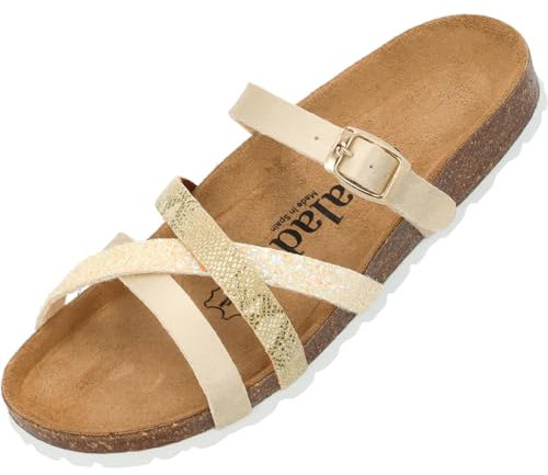 Palado Damen Pantoletten Cruisi - Schuhe mit Riemen - elegante Hausschuhe - Sohle aus feinstem Veloursleder - Sandalen mit Natur Kork-Fußbett Gold Multisparkle UK9 - EU42