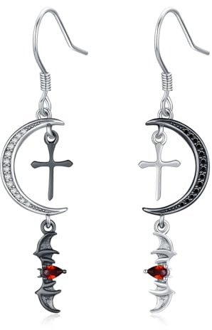 CRWENG Boucles d'oreilles chauve-souris asymétriques pour femme en argent sterling 925 avec croix de lune et zircon - Boucles d'oreilles gothiques - Cadeau de bijoux punk rock