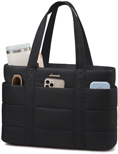 LOVEVOOK Tote Bags for Women, 15.6 Inch Lightweight Puffer Work Bag with Zip, Large Quilted Laptop Handbag Ladies Teacher Uni Shoulder for University College School Shopping Travel, Black