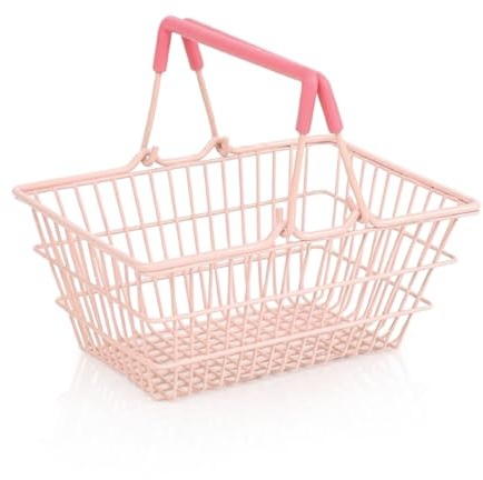 Mini Pink Shopping Basket, Wrought Iron Mini Shopping Basket Portable Pink Fruit Storage Basket with Handles for Bedroom Kitchen Outdoor 18 * 13.5 * 9cm