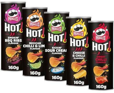 Pringles HOT scharfer Chips Mix (5 x 160 g) – Cheese & Chilli, Kickin' Sour Cream, Smokin' BBQ Ribs, Mexican Chilli Lime & Sweet Chilli – der Snack in der praktischen Dose – Pop. Play. Eat.