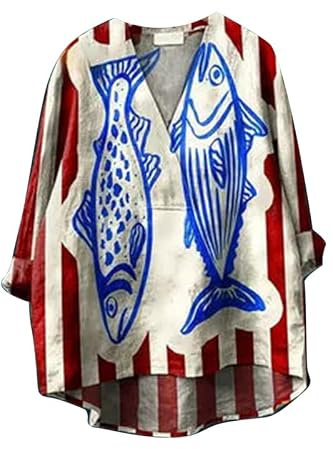 Namufeitrade Femmes Vintage Floral/Ocean Fish Print Manches Longues Col V Chemises Blouses Ethniques Décontracté Tuniques Amples Pull décontracté