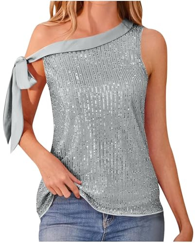 tacniseyw Top glitterato da donna elegante senza maniche monospalla con papillon scintillante top casual glitterato camicia da donna top con paillettes top sera festa discoteca maglietta per carnevale