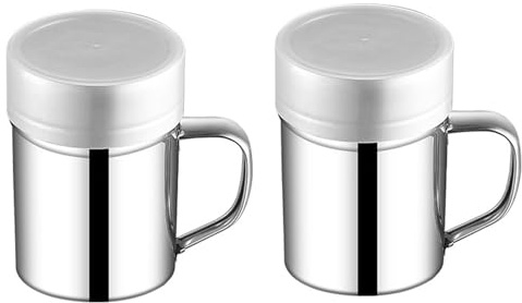 2Pcs Flour Sugar Salt Shaker, Powder Shaker Stainless Steel Chocolate Powder with Handle and Lid, Fine Mesh Flour Duster for Baking Cooking, Icing Sugar Salt Cocoa Flour-Coffee Shaker Sifter