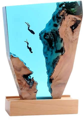 Deskium Epoxy Resin Free Diver Night Light, Ocean Lamp 7.1 In, 3D Sea Diver Bedroom Decor, Wood Base, For Diving Enthusiasts