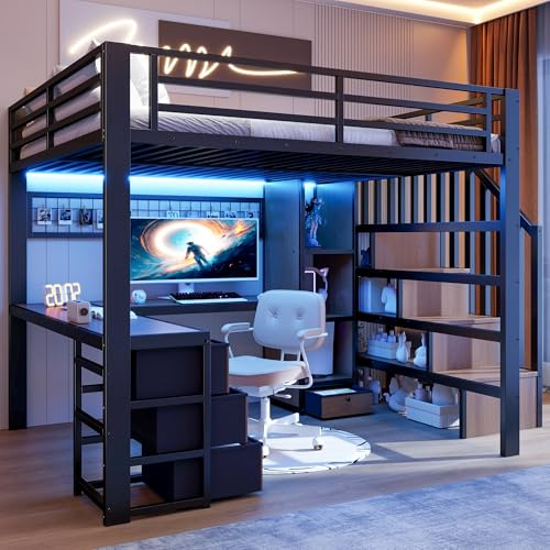 Lit mezzanine avec LED 140x200cm,Lit double avec cadre en fer avec bureau et 4 tiroirs,Lit mezzanine avec compartiment de rangement et grille pour suspendre,escalier de rangement,Noir(Sans matelas)