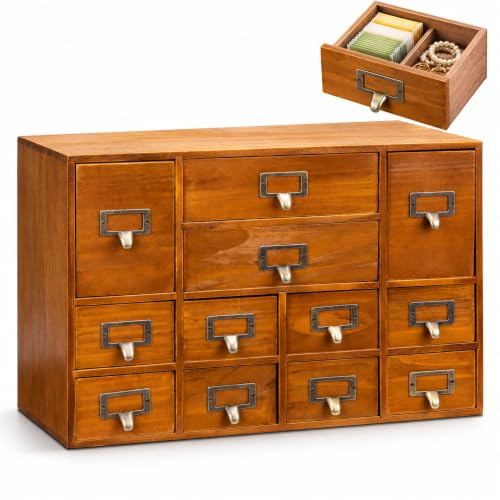 diceevil 12-Drawer Vintage Wooden Apothecary Cabinet, Desk Organiser | Large chest, ready to use, herbs, tea, cards, craft supplies, office or home storage, generous capacity, decorative display