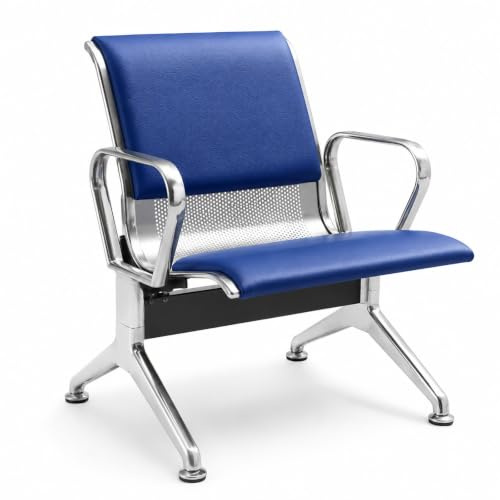 Modern Väntbänk i Läder med Ergonomiskt Vadderat Ryggstöd | Robust Besöksstol i Rostfritt Stål för Kontorsreception, Klinik, Lounge och Offentliga Utrymmen(Dark blue)