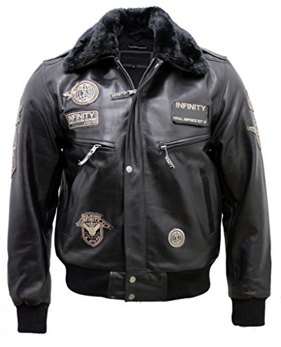 Infinity Chaqueta de Bombardero de Vuelo de Piel de Vaca negra para Hombre con Cuello Desmontable 5XL