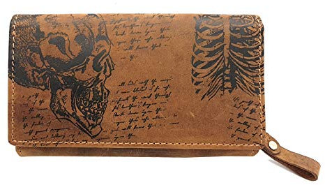 Jockey Club echt Büffel Vollleder Geldbörse, lang, naturbelassenes Hunterleder Portemonnaie mit RFID Schutz Totenkopf Schädel Skull