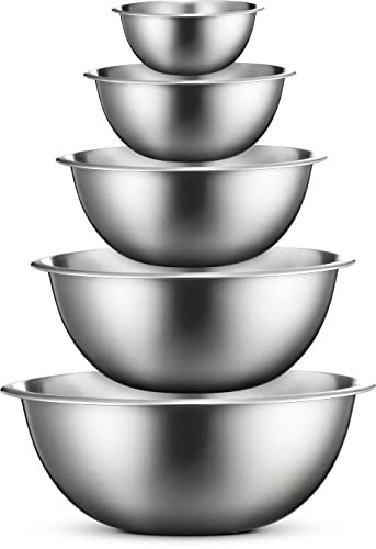 FineDine Mixing Bowls Set - 5-Piece, Easy-Grip, Stainless Steel Mixing Bowls for Baking, Cooking, Salad & Food Prep - Large, Medium and Small Metal Nesting Bowls