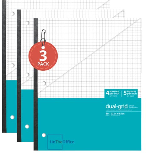 1InTheOffice Graph Ruled Notebook, Graph Wireless Notebook, Graph Paper Notebook, Teal Colored Quad Ruled Notebook 8.5 x 11, 3 Pack