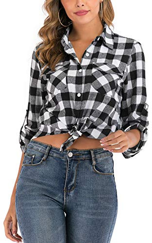 Enjoyoself Damen Karrierte Bluse Langarm Karo Flanell Hemden Baumwolle Button-down Hemdbluse für Alltag und Oktoberfest,Schwarz-Weiß,L