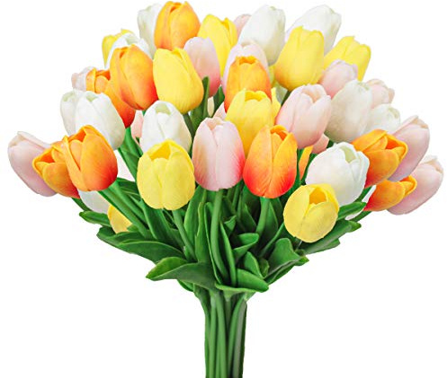 Tifuly 24 Stück Künstliche Tulpen, Realistische Latex-Tulpe mit Weichem PU-Stiel, Elegante Blumendekoration für Brautsträuße, Haus, Party, Büro, DIY Blumenarrangements (Weiß+Rosa+Orange+Gelb)