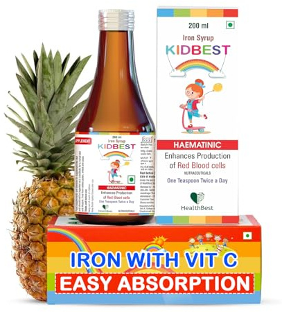 HealthBest Liquid Iron Syrup for Kids – Triple Action with Folic Acid and Zinc – Boosts Hemoglobin, Appetite, and Immunity – No Metallic Taste – 200ml Liquid Supplement, Safe & Effective