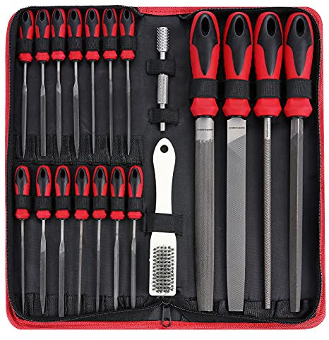 57Pcs Metal & Wood File Rasp Set,Grade T12 Forged Alloy Steel, Half-round/Round/Triangle/Flat 4pcs Large Tools, 14pcs Needle Files and a pair of Electric Files, a brush and 36pcs emery papers