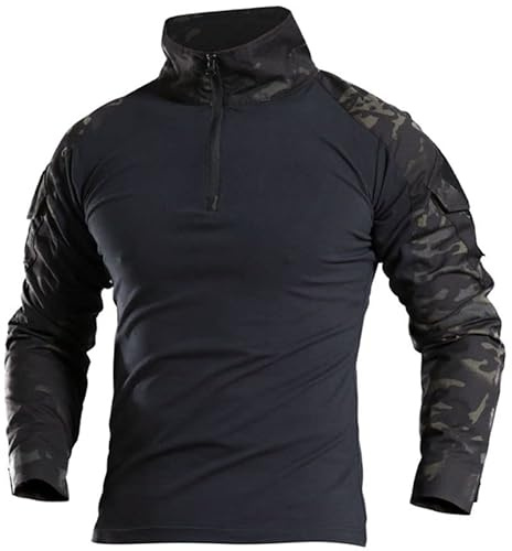 Czen Camisas tácticas Militares para Hombres, Camisa de Combate Airsoft de Camuflaje, Camiseta de Manga Larga con Cremallera 1/4 para Paintball, Ciclismo, Caza, NegroCp, XL