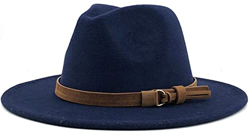 WINDEHAO Chapeau de Fedora classique réglable à large bord unisexe pour homme et femme, chapeau vintage en feutre Panama, casquette d'église jazz (bleu marine) M