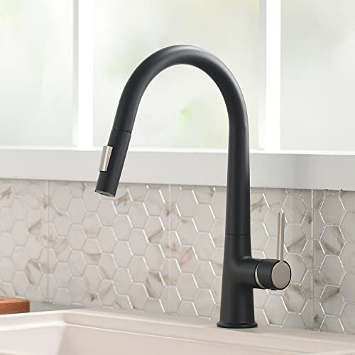 TIMACO Robinet de cuisine noir haute pression extensible pivotant à 360 °, mitigeur de cuisine avec douchette, deux motifs d'écoulement