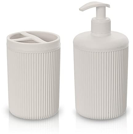 Inbagno Set Accessori Bagno 2 Pezzi Colorati Beige, Dispenser e portaspazzolini, in Resina, Linea Ring