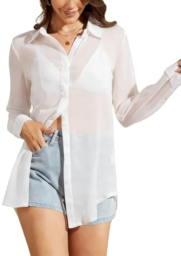 Arssm Blusa básica Sexy con Botones de Malla Transparente para Mujer, de Manga Larga, Transparente, Blanco, Large