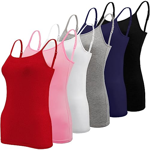 BQTQ 6 Piezas Camisetas Tirantes Mujer Camisola Básica Camisola Tirante Spaghetti Ajustable Camiseta sin Mangas Tank Top para Mujer, Negro, Blanco, Gris, Rosa Fuerte, Rojo, Azul Oscuro, S