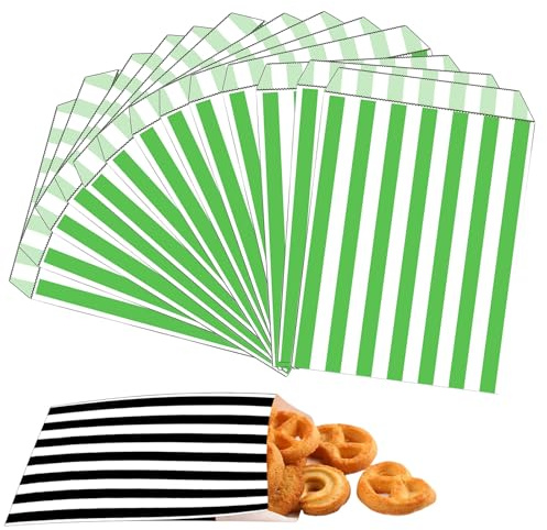 COSORO 100 sacchetti di carta a righe verdi da 12,7 x 17,8 cm, sacchetti per dolciumi, sacchetti per dolcetti di caramelle, per bambini, ragazze, ragazzi, Natale, Halloween, matrimoni