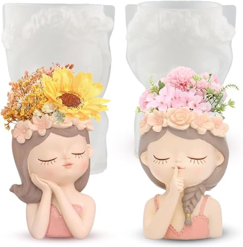 DMOYS 2 Stück 3D Mädchen Silikonformen Gießformen, Blumentopf Blumenmädchen Beton Gießform,DIY 3D Sukkulenten Pflanzgefäße Formen, Epoxidharz-Formen Silikonform Handwerk